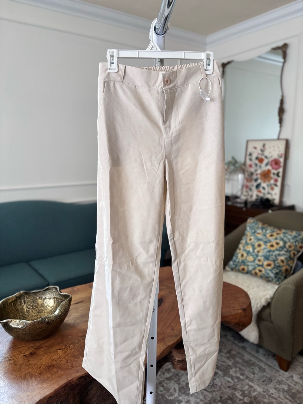 Linen Blend Slim Straight Cream Pants